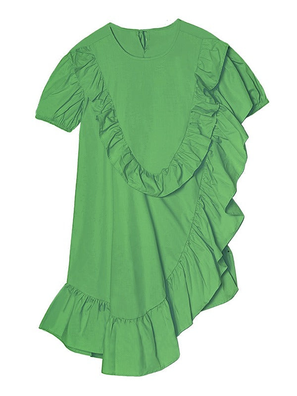 SOLID FALBALA BISHOP SLEEVE ASYMMETRIC MIDI DRESS