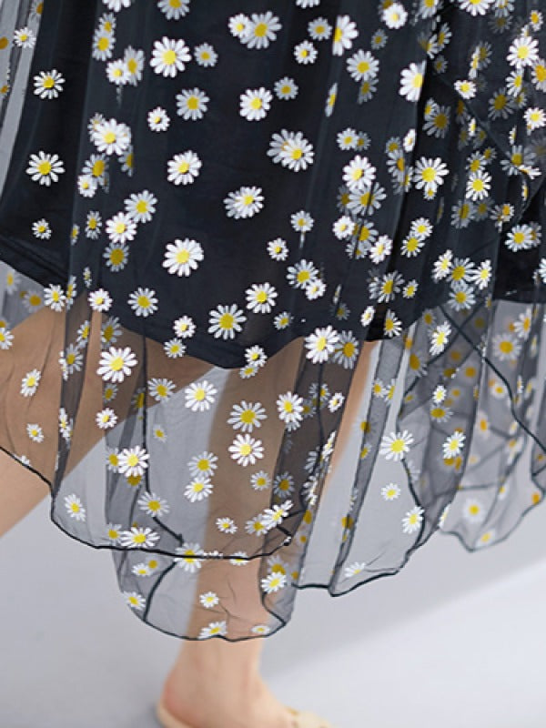 FLOWER MESH CROPPED SPLICING A-LINE DRESS