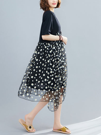FLOWER MESH CROPPED SPLICING A-LINE DRESS