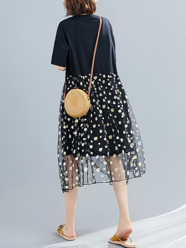 FLOWER MESH CROPPED SPLICING A-LINE DRESS