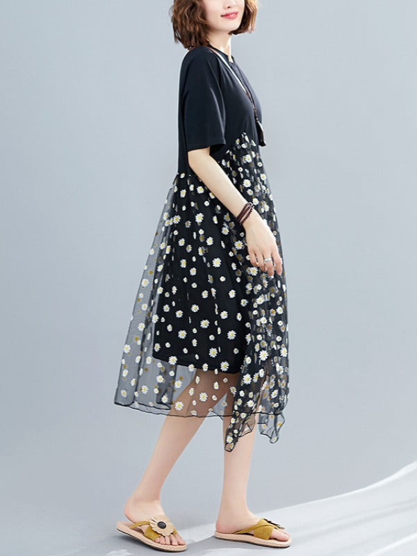 FLOWER MESH CROPPED SPLICING A-LINE DRESS