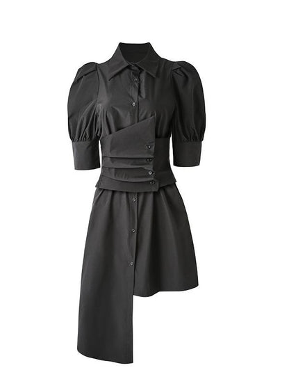 Simple Irregular Solid Pleated Midi Dress