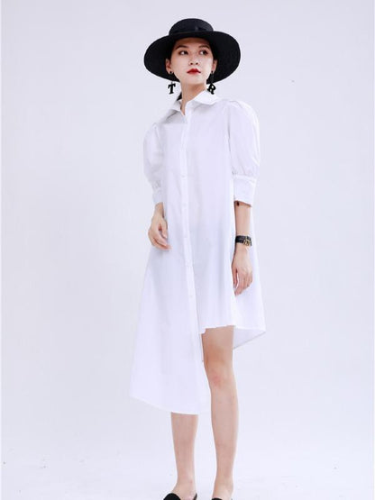 Simple Irregular Solid Pleated Midi Dress
