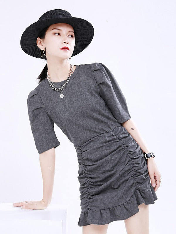 CASUAL RUFFLED PUFF SLEEVE MINI DRESS