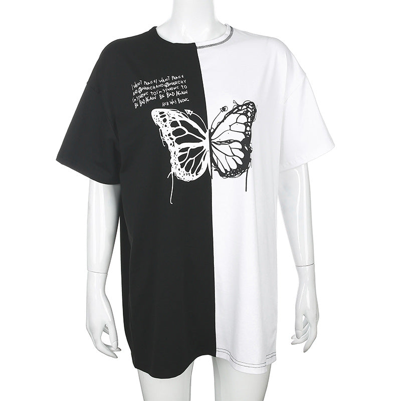 Colorblock butterfly print loose thin short sleeve T-shirt ACTIVEWEAR