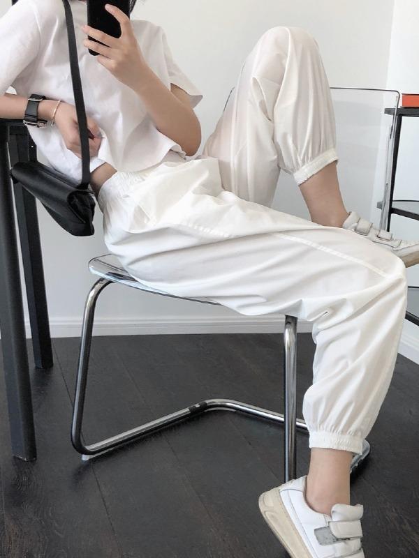 Casual Solid Ankle Banded Pants