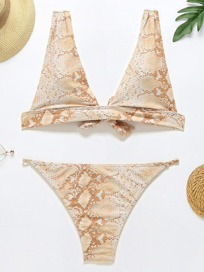 Snake-Print Deep V-Neck Split Bikini Swimsuit