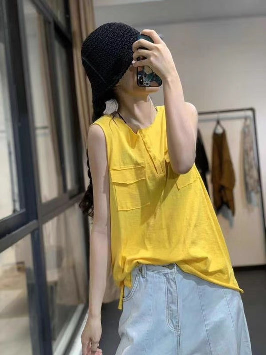 LOOSE SOLID SLEEVELESS POCKET VEST
