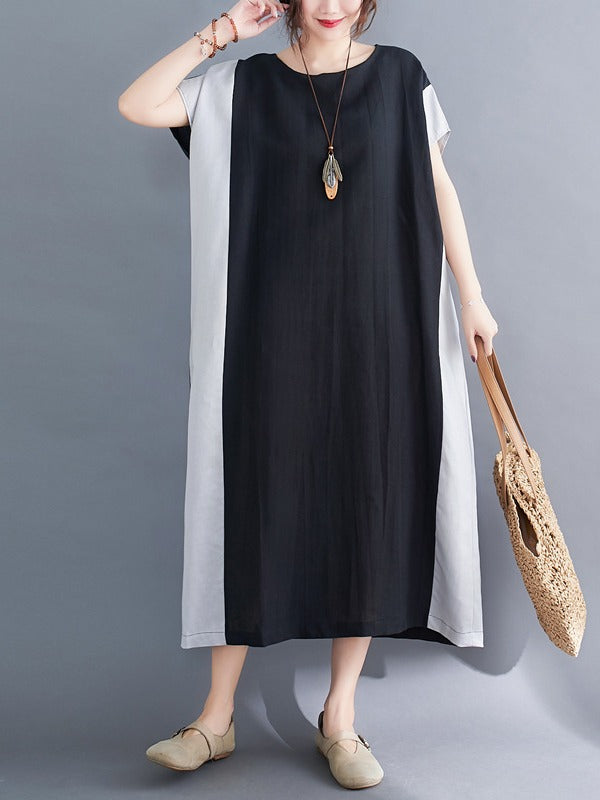 LOOSE CONTRAST COLOR SPLIT-JOINT ROUND NECK DRESS