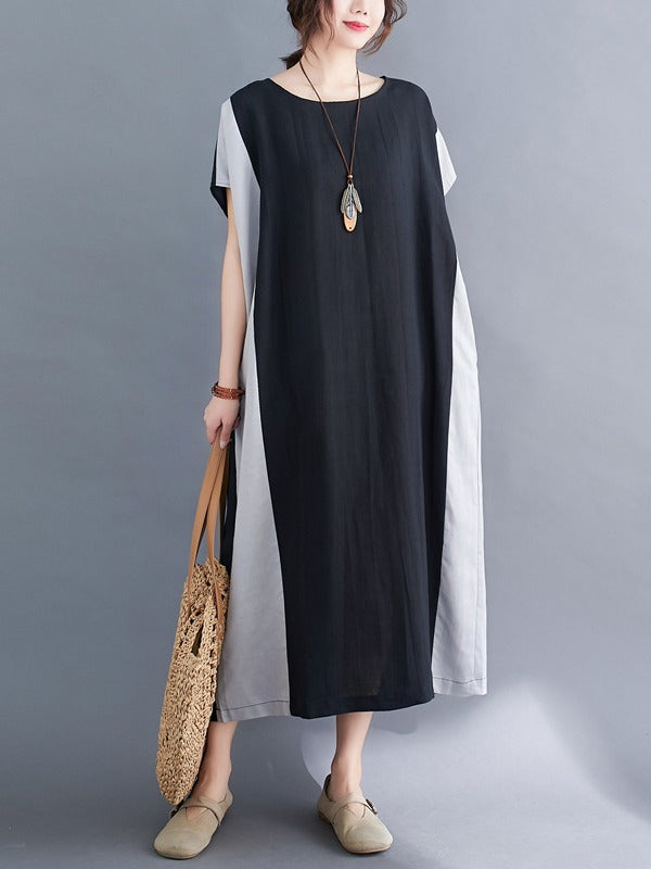 LOOSE CONTRAST COLOR SPLIT-JOINT ROUND NECK DRESS