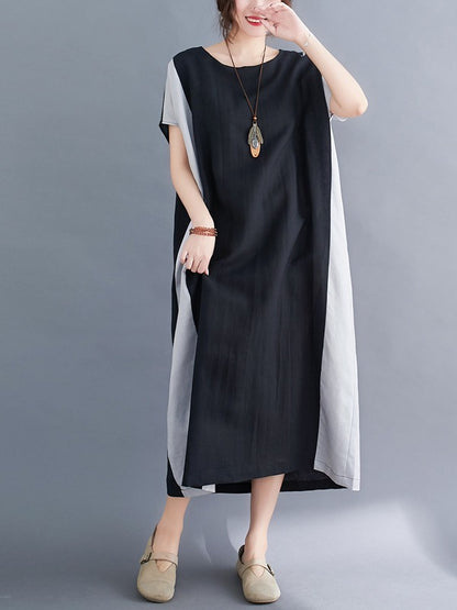 LOOSE CONTRAST COLOR SPLIT-JOINT ROUND NECK DRESS