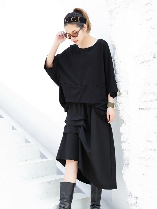 BLACK PLEATED EMPIRE CROPPED A-LINE SKIRT