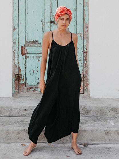 Solid Loose Bohemia Cross-strap Jumpsuits