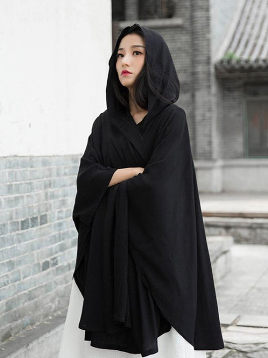 Simple Solid Loose Batwing Sleeve Hood Cape