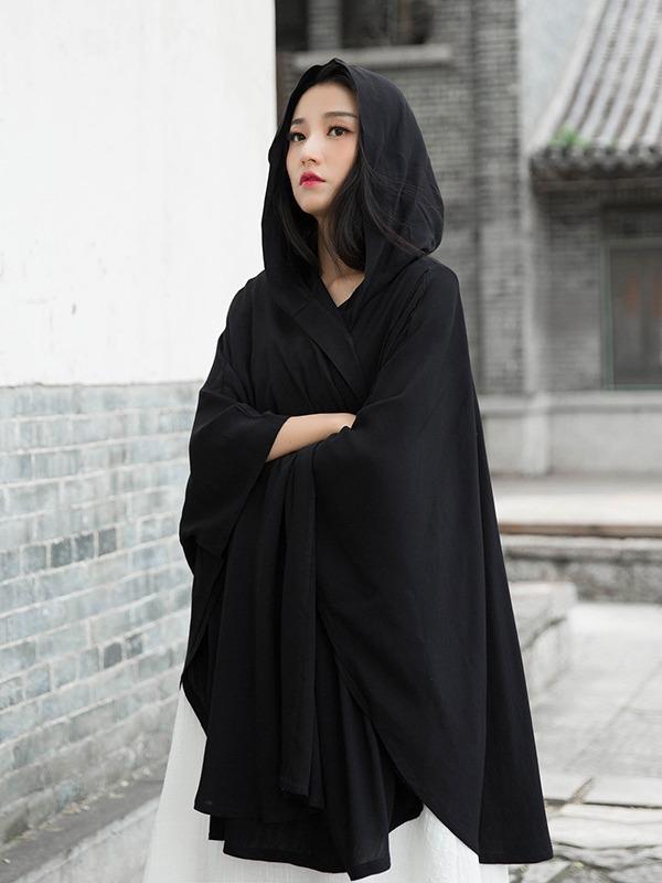 Simple Solid Loose Batwing Sleeve Hood Cape