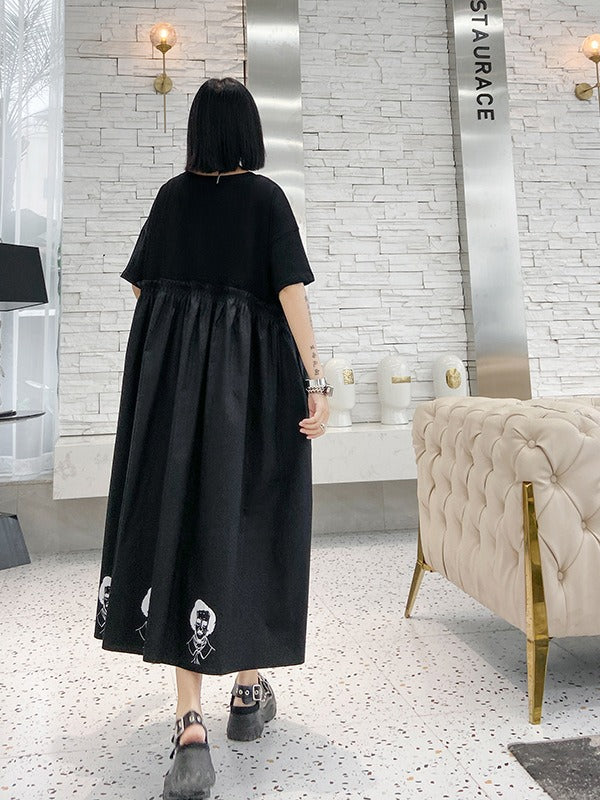 ORIGINAL PRINTED SPLIT-JOINT ROUND-NECK LONG DRESS