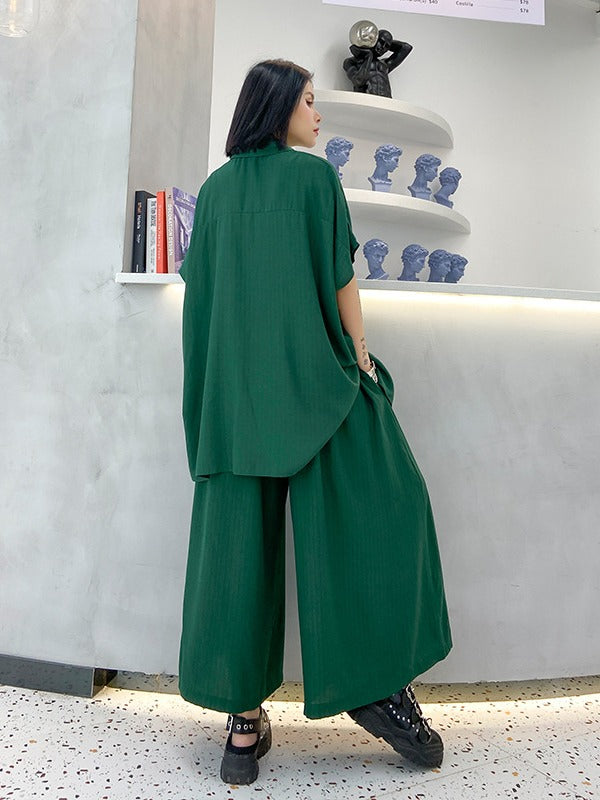URBAN ELASTICITY BATWING SLEEVE LAPEL TOPS&WIDE LEG PANTS SUITS