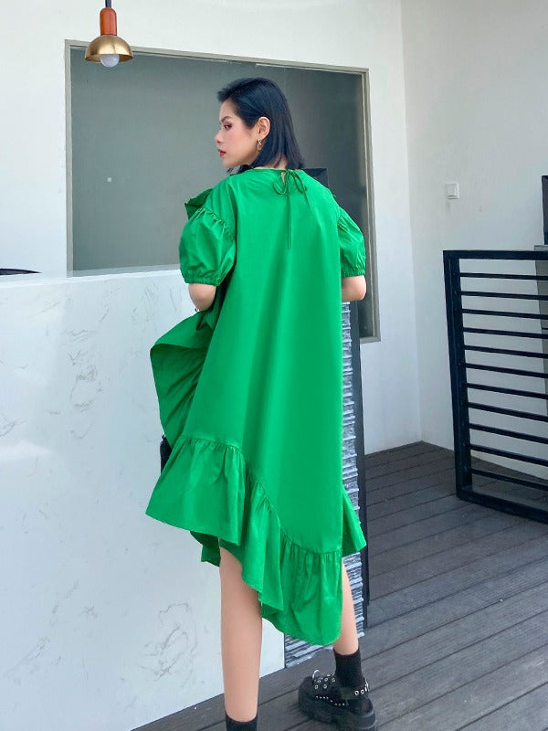 SOLID FALBALA BISHOP SLEEVE ASYMMETRIC MIDI DRESS