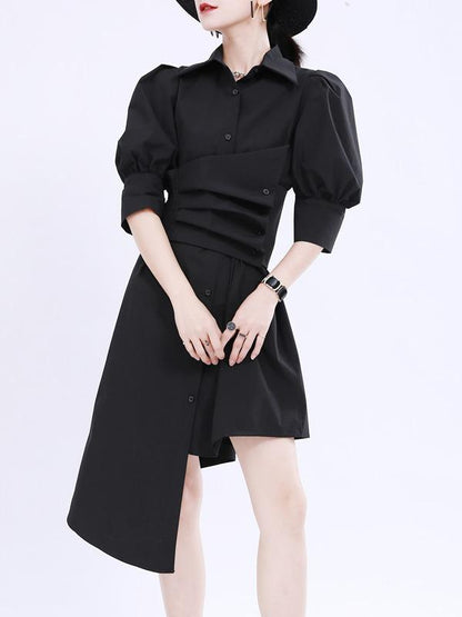 Simple Irregular Solid Pleated Midi Dress