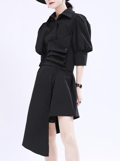 Simple Irregular Solid Pleated Midi Dress