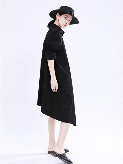 Simple Irregular Solid Pleated Midi Dress