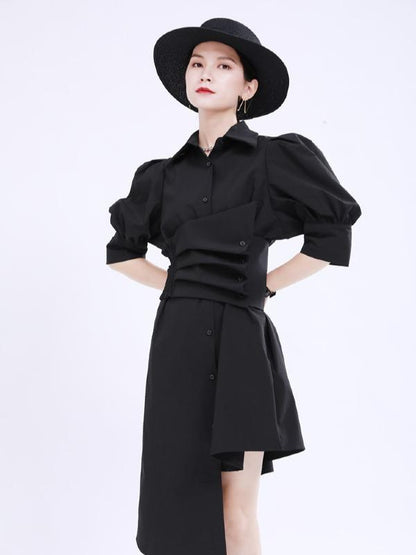 Simple Irregular Solid Pleated Midi Dress