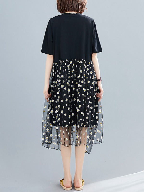FLOWER MESH CROPPED SPLICING A-LINE DRESS