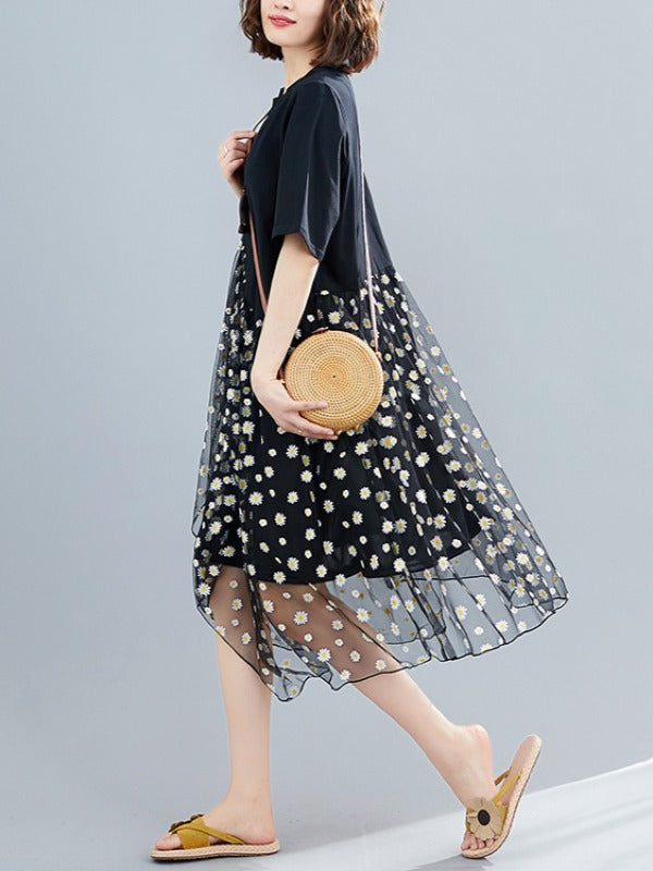 FLOWER MESH CROPPED SPLICING A-LINE DRESS