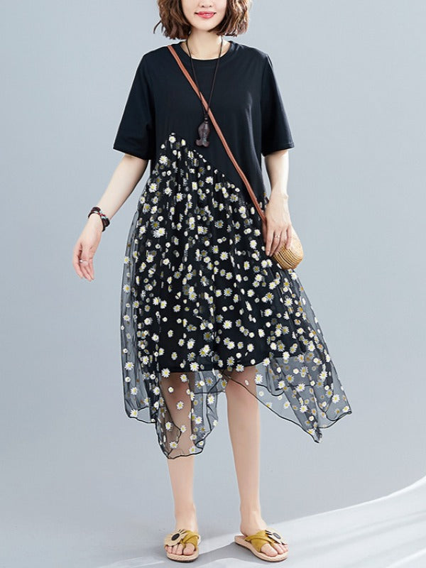 FLOWER MESH CROPPED SPLICING A-LINE DRESS