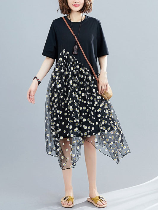 FLOWER MESH CROPPED SPLICING A-LINE DRESS