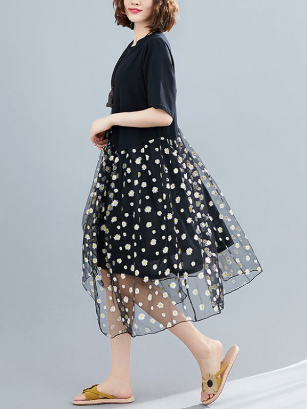 FLOWER MESH CROPPED SPLICING A-LINE DRESS