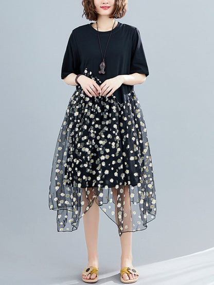 FLOWER MESH CROPPED SPLICING A-LINE DRESS