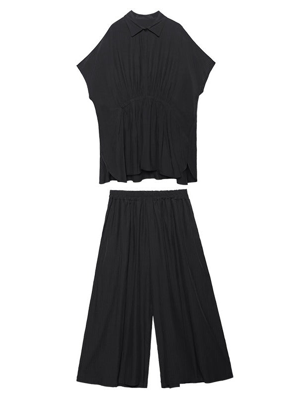 URBAN ELASTICITY BATWING SLEEVE LAPEL TOPS&WIDE LEG PANTS SUITS