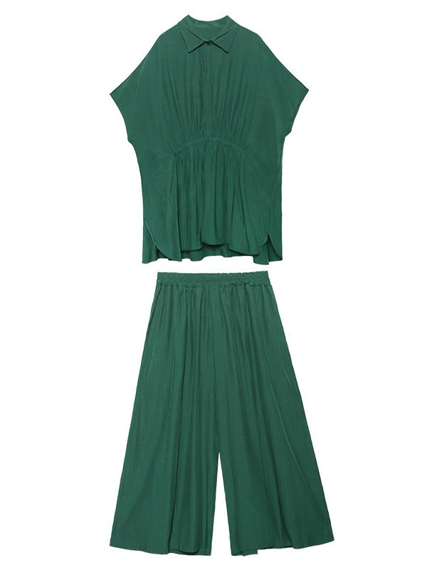 URBAN ELASTICITY BATWING SLEEVE LAPEL TOPS&WIDE LEG PANTS SUITS