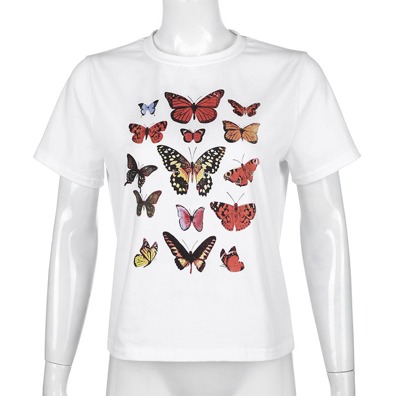 loose thin color butterfly print short-sleeved casual wild top ACTIVEWEAR