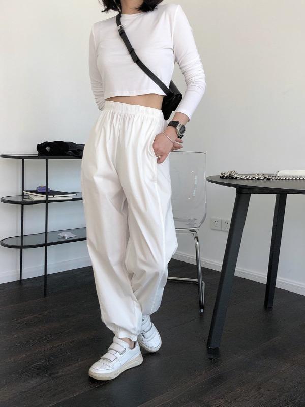 Casual Solid Ankle Banded Pants