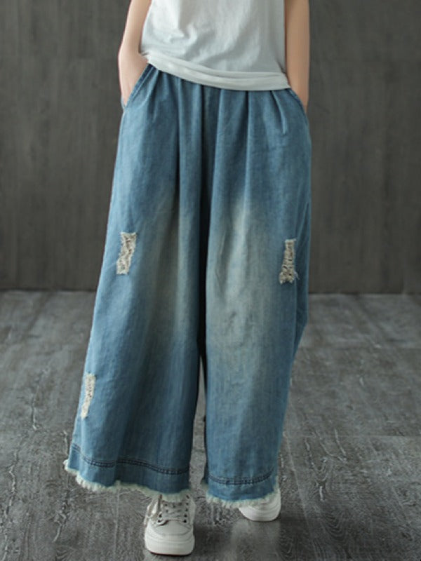 LOOSE ELASTIC WAIST WIDE-LEG JEAN PANTS