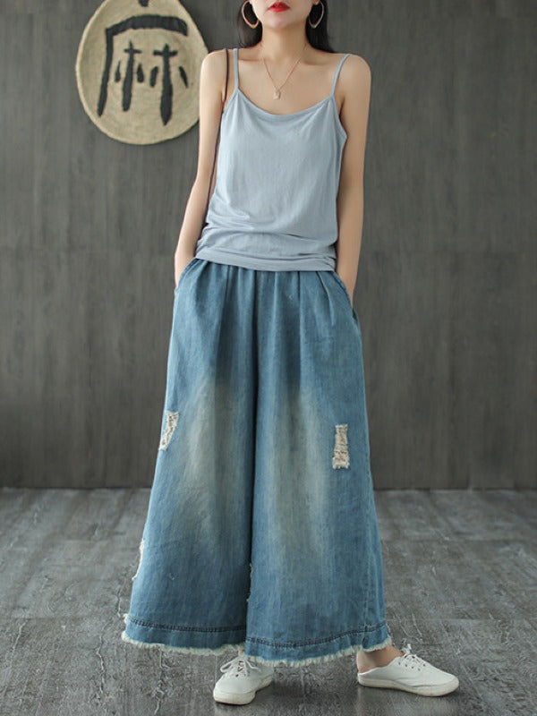 LOOSE ELASTIC WAIST WIDE-LEG JEAN PANTS