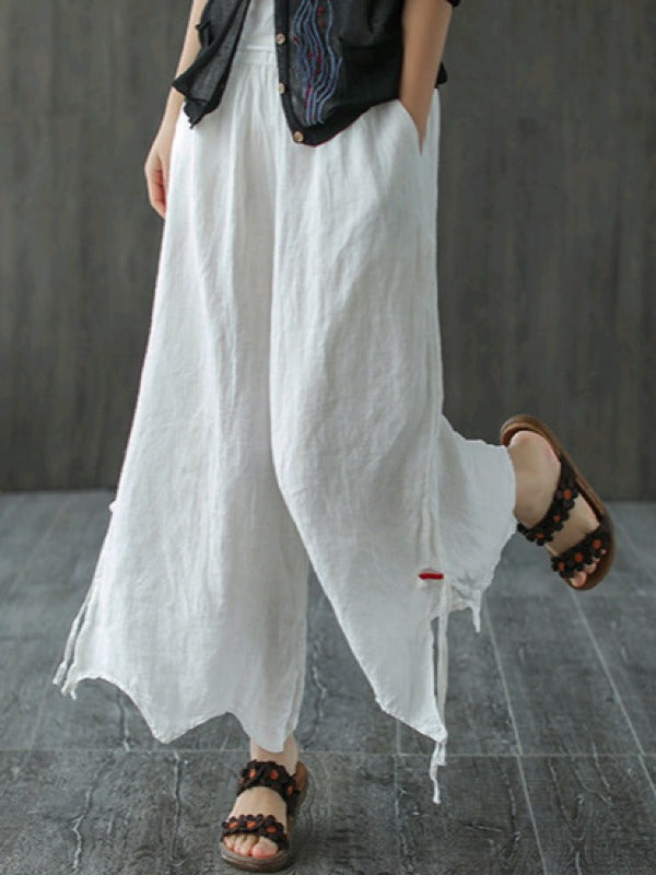 LOOSE WIDE-LEG CROPPED LINEN PANTS