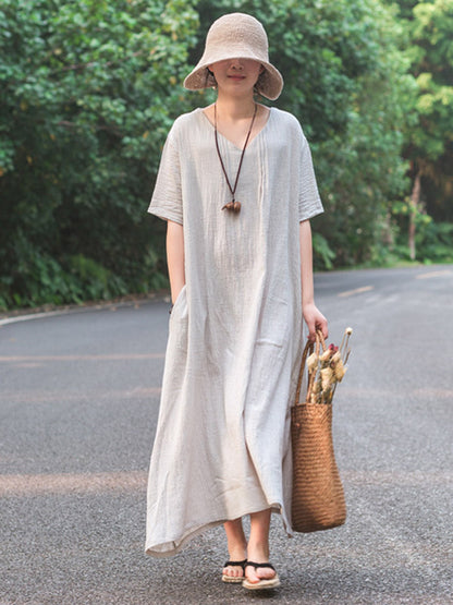 Simple Ramie Cotton V-Neck Short Sleeve Midi Dress