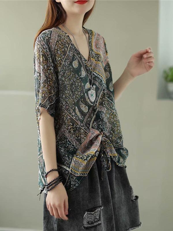 Casual Retro Printing Ramie T-Shirts