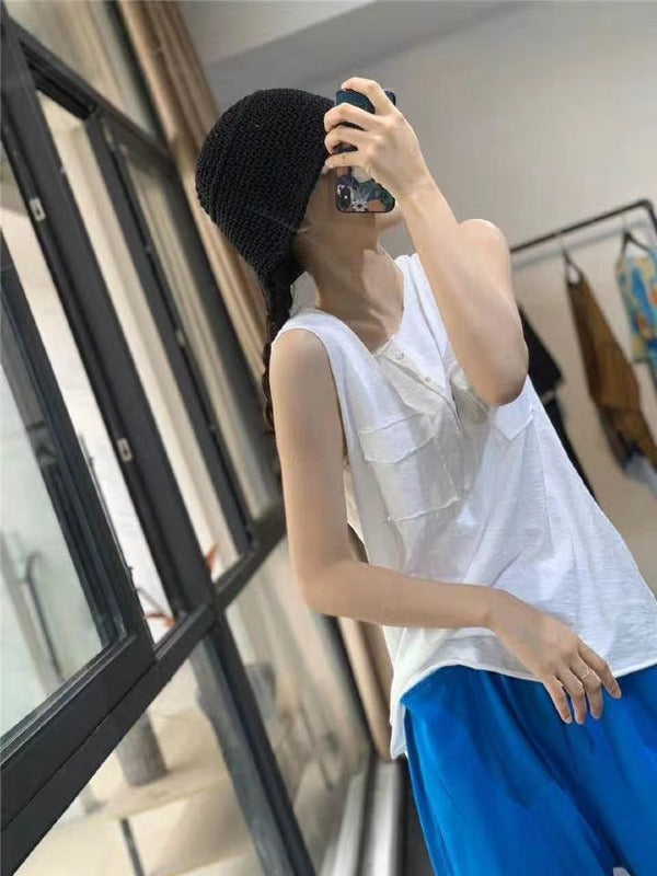 LOOSE SOLID SLEEVELESS POCKET VEST