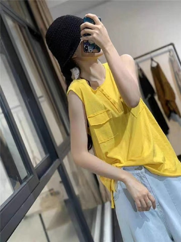 LOOSE SOLID SLEEVELESS POCKET VEST
