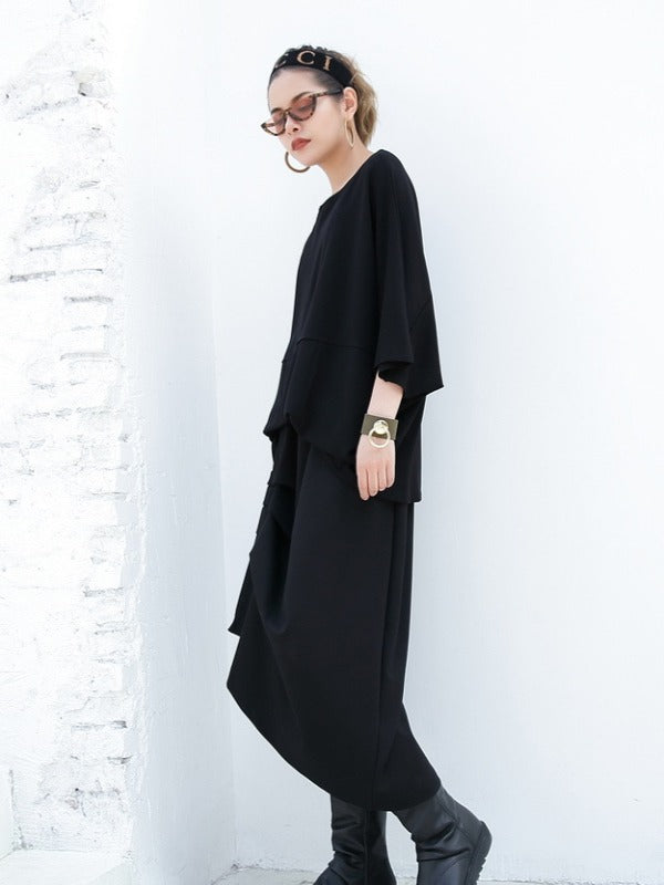 BLACK PLEATED EMPIRE CROPPED A-LINE SKIRT