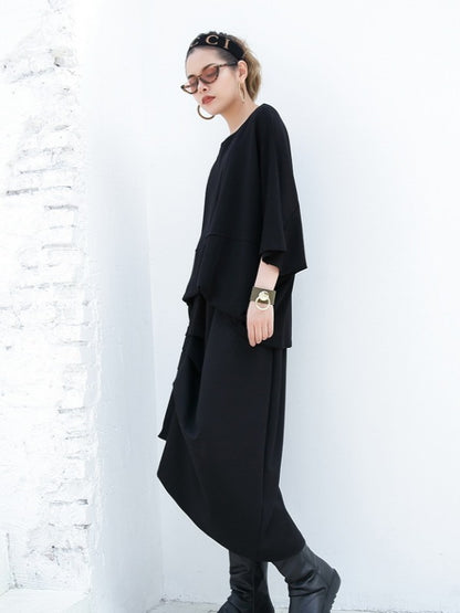 BLACK PLEATED EMPIRE CROPPED A-LINE SKIRT