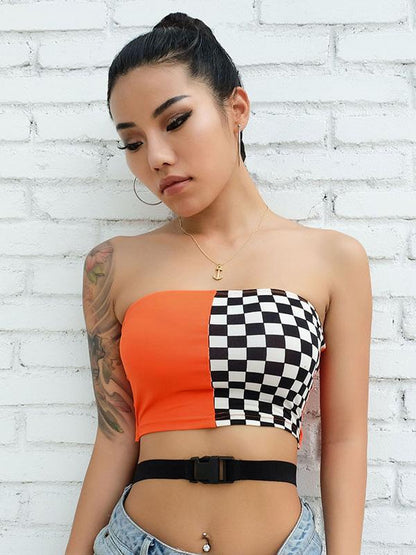Cross Bandage Patchwork Off Shoulder Tees