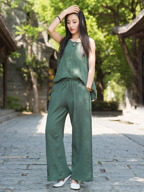LOOSE SOLID LINEN LACE-UP STRAIGHT PANTS