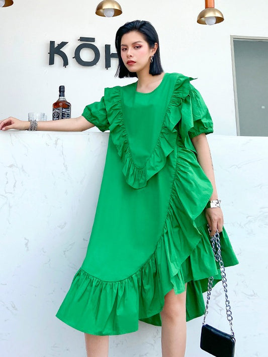 SOLID FALBALA BISHOP SLEEVE ASYMMETRIC MIDI DRESS