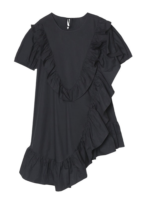 SOLID FALBALA BISHOP SLEEVE ASYMMETRIC MIDI DRESS