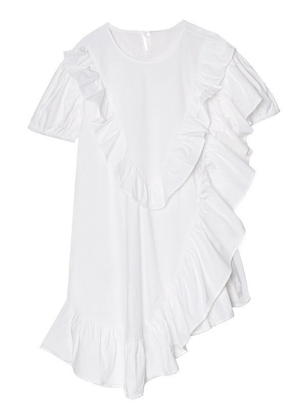 SOLID FALBALA BISHOP SLEEVE ASYMMETRIC MIDI DRESS